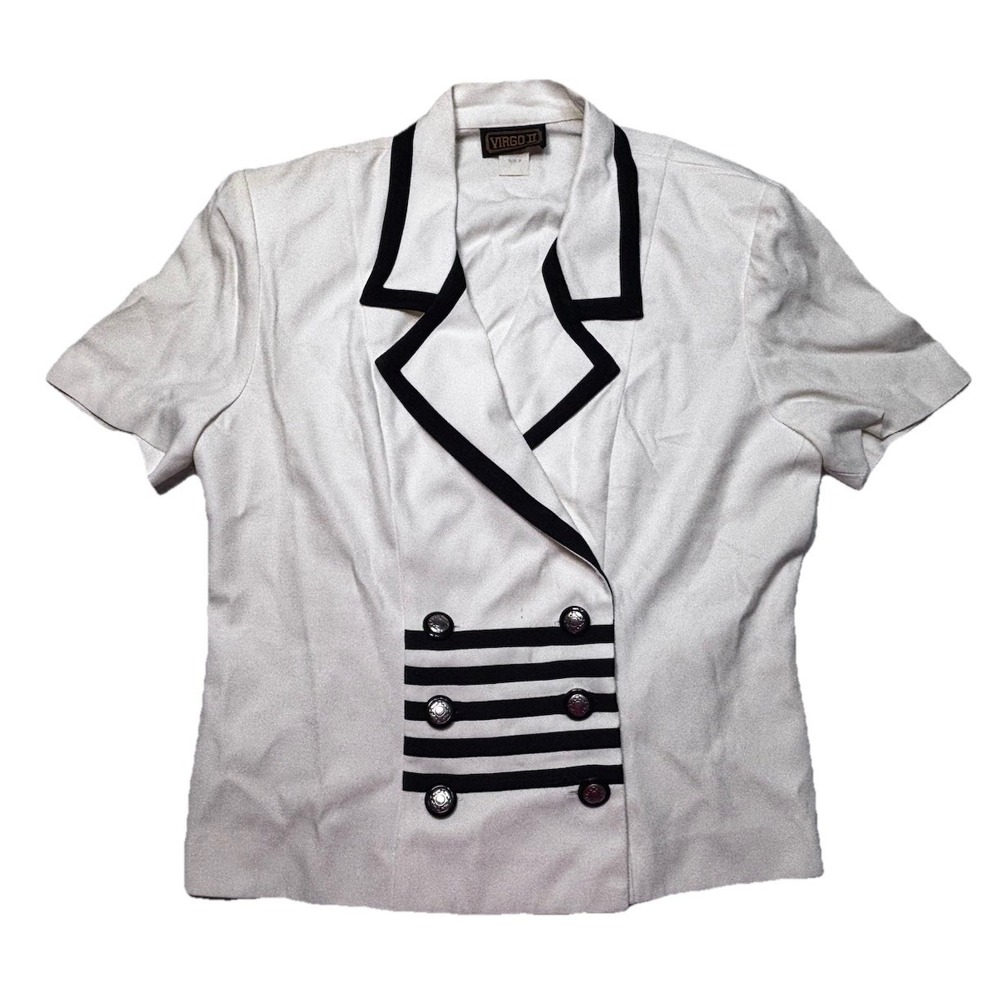 Vintage 80s VIRGO II Nautical Blouse Women 10 White Black Military Button USA